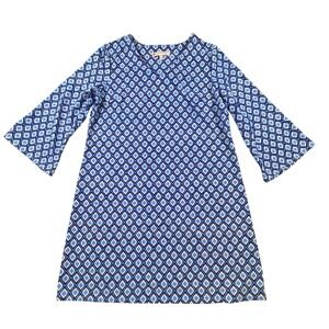 Jude Connally Women's Blue Diamond Print Bell Sleeve Shift Dress Size L USA